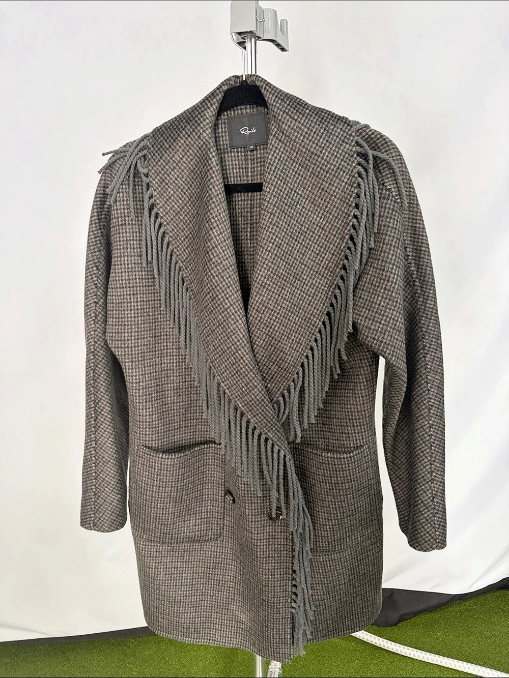 Rails Hugo Coat Houndstooth Fringe Coat Gray - Size Medium